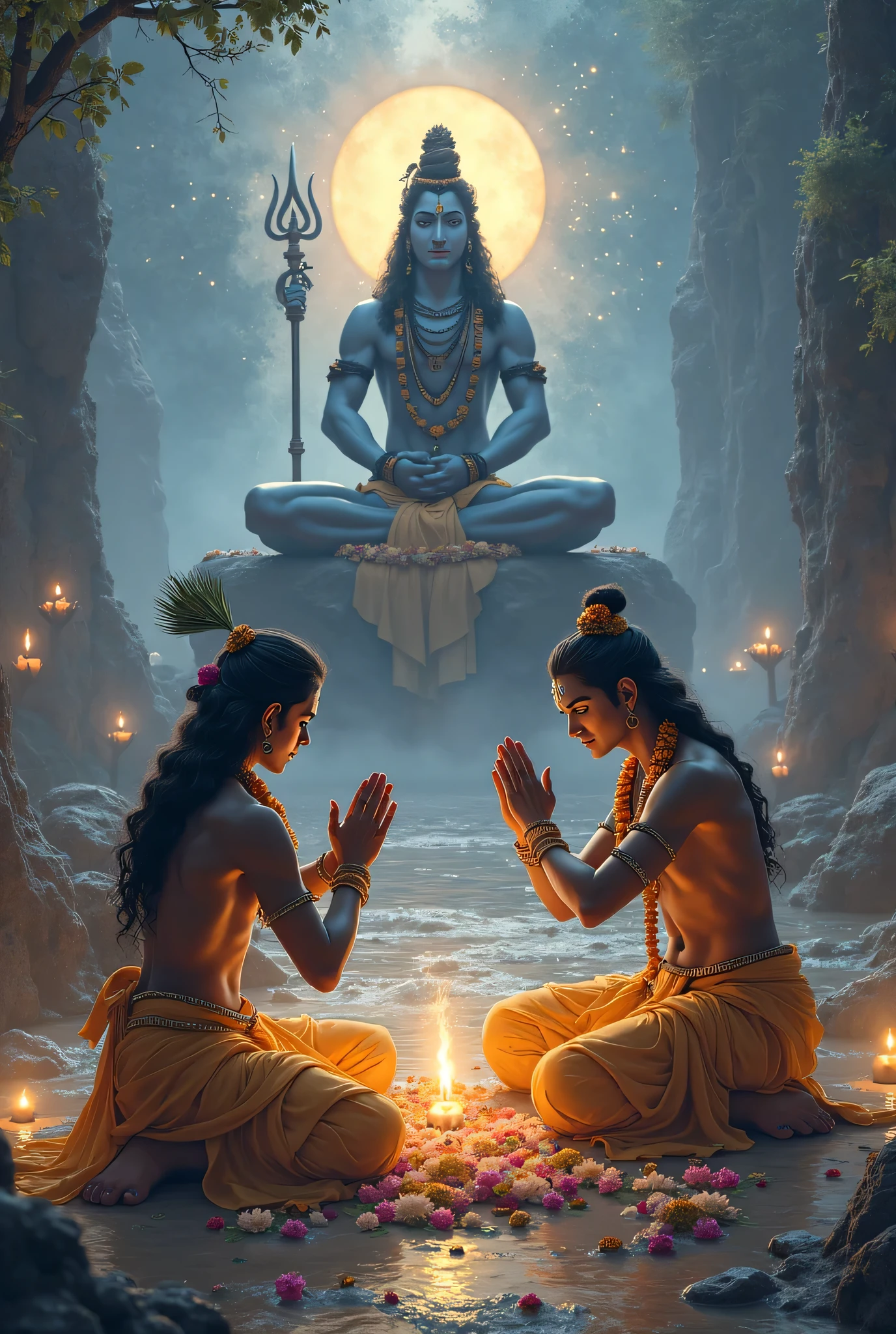 In cinematic cartoon style 3D " Image: Sage Shilad in deep meditation in a forest, surrounded by mystical energy and glowing symbols. Lord Shiva, depicted with a serene expression and radiant aura, appears before him. "