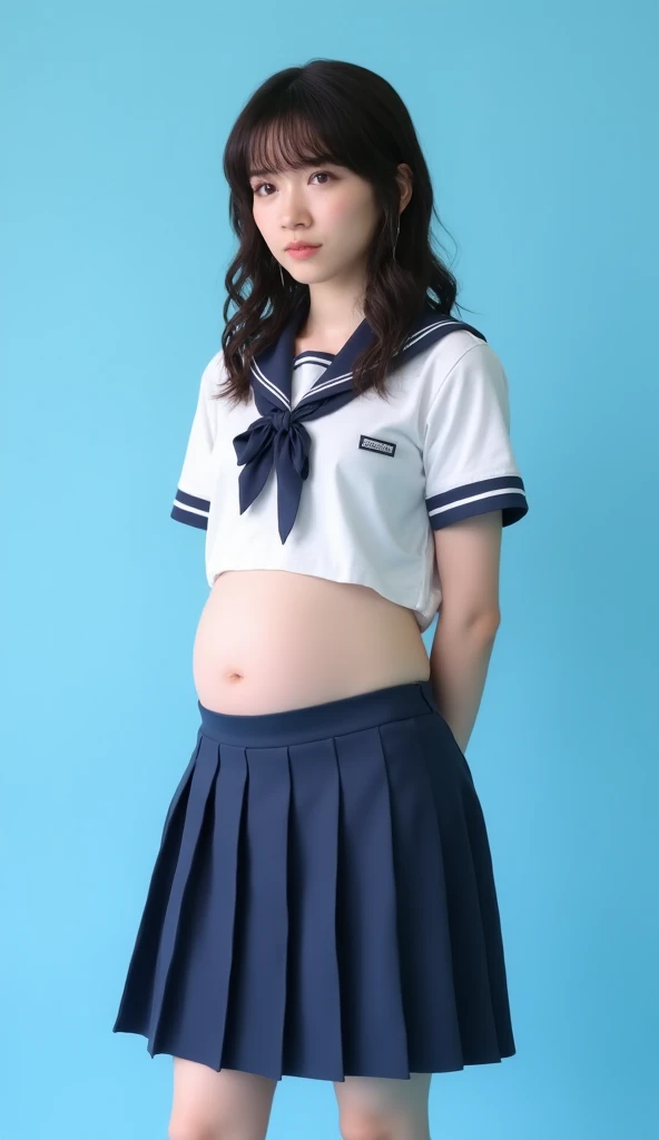 ((Best quality, 8k, bedroom, low pov, Masterpiece :1.3)), 1girl, Pretty young girl with slender abs :1.3, (short hair, big breasts:1.0, huge nipple, areola, curvy body, sweaty, naughty look :1.2), sweaty :1.1, Ultra-detailed face, Detailed eyes, Double eyelid, brown skin, (hyper pregnant), asian, cute, (japanese sailor uniform, crop top uniform, mini skirt)