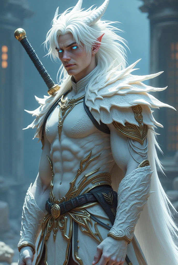 A muscular elf, with perfect face, solo, full body, a work of art, realistic photography, sensual photo, defined muscles, white hair, light eyes, wearing elven armor, armor covering his private parts, pants
