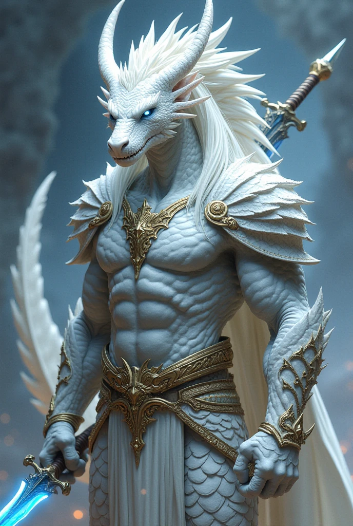 uma pintura de um homem com uma espada ao lado de um grande monstro, human and dragon fusion, Fit male demon with white horns, arte conceitual de deus, centauro macho centauro quimera, por Yang J, Mito grego pintura digital, Directed by: Li Zai, Ross Tran e Bayard Wu, Hidari e Vlop