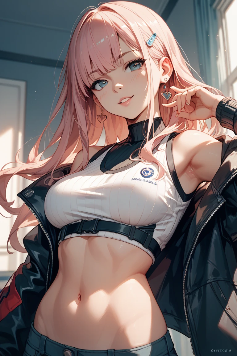 (busty girl), (white jacket), (light pink)tanktop, (pink thong)(high-leg)(high-cut), erect nipples, Narrow constricted waist, belly button, Small hips, bare hips, (partially exposed)vulva(labia), (blond hair)buns(twintails), White ribbon, Dark Eyes, blue eyes, sunny metropolis, clitoris(crotch wedge)cameltoe