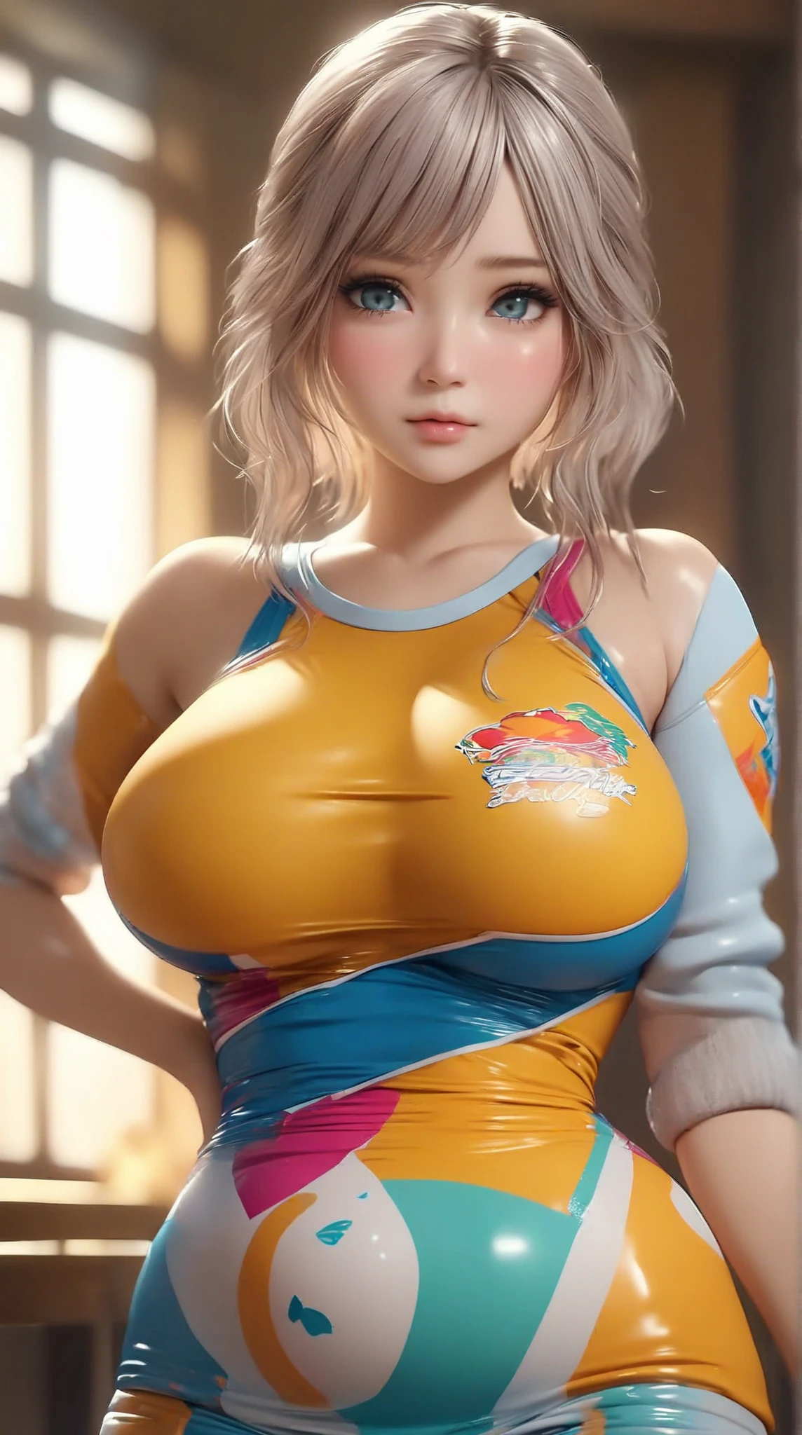 ((masterpiece:1.2, best quality)), 1aldy, solo, (gym clothes), platinum blonde, long hair, (top view, front focus, looking straight ahead), (forehead), jumping, Above the waist, ponytail, big tits, nami:1.1