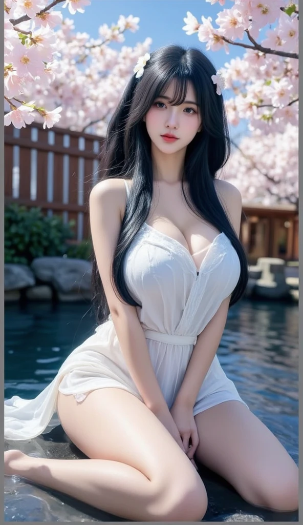 (((((Breast elevation))))),(stocklings),(((1024K resolution))),Straighten your waist,Long legs, ((huge tit)), ((((komono:1.2)))), ((Background bokeh)),the cherry trees,The small mouth opens slightly,White skin,((Messy hair,Ultra-fine hair)),Beautiful tattoos,Slim,The most beautiful woman in the world,dark red lips,Face lighting,most realistic,Head flower,Hairpins,Bare thighs,High fork,Patterned stockings,silver high heels,Focus on the lower body,Skin texture。be full of details,details at most,Gangster boss woman,Show stockings to the audience,Sit on a stone chair,ellegance