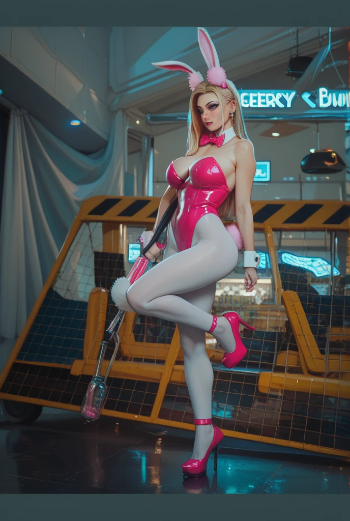 best quality, ultra high res, (photorealistic:1.4),masterpiece,1girl, Kpop idol,(aegyo sal:1.0),puffy eyes,(City of ruins),alice \(nikke\),(pink bodysuit),((animal ear headphones)),(shiny clothes),twintails,(latex bodysuit),(rubber suit),shoes,(cleavage),(slender),((white hair)),(silver hair),(gray hair),((red pupil)),(sitting on floor),(smile),Happy,(long hair),nsfw,depth of field,detail face, shiny skin, nice detailed eyes, heavy eye makeup, slim waist, blush, detailed eye makeup,perfect anatomy, view from below