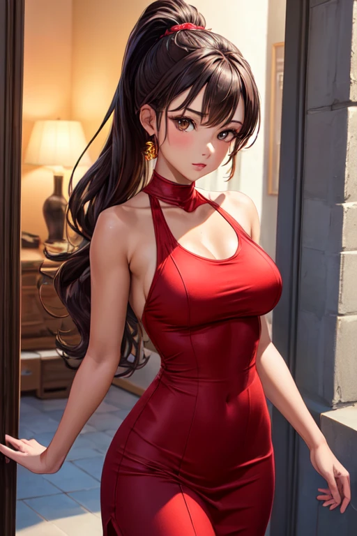 very young slim fit girl, full height, rounded face, very long disheveled dark brown hair, big brown eyes, sluty smile, perfect flat breast, band on head with fake cat ears, sashagrey, short simple red dress with short sleeve, torn sleeve hem, MFBP1, look at you