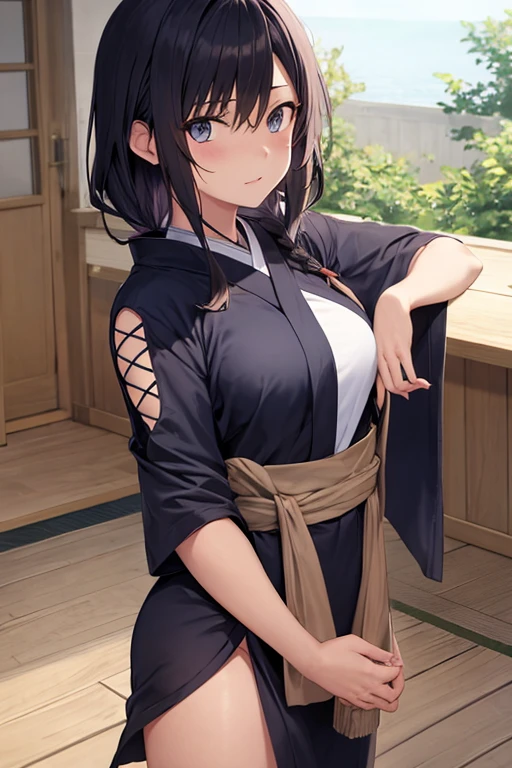 ((masterpiece,best quality anime,Highest quality:1.3)),realistic,cowboy shot,(25 year old beauty),Female ninja、1woman,独奏,((very small head:1.4)),((very long body:1.3)),black hair,bangs,(long ponytail hair),gorgeous big eyes,black eyes,shy,smile,((tan skin:1.4)),((slender body:1.3,skinny)),medium breasts,sweat,gleaming skin,shiny skin,((Black kimono、Black obi for a kimono、Sleeveless、Side slits、Black mini skirt)),standing,Domestic、Temple、