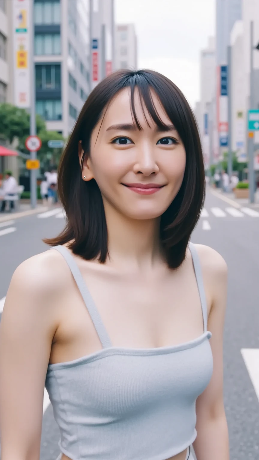 NSFW:1.3:((highest quality、8K resolution、master masterpiece、portrait:1.3)), Photoreal, 35mm film, mature woman:1.5,on the street during the day, wrinkles around the eyes,wrinkles around the mouth,short bob,((fancy white bra_panties:1.3)) , (outdoors_city street: 1.3), jumbled background,look at the audience,(Tokyo cityscape:1.3), whole body,smile