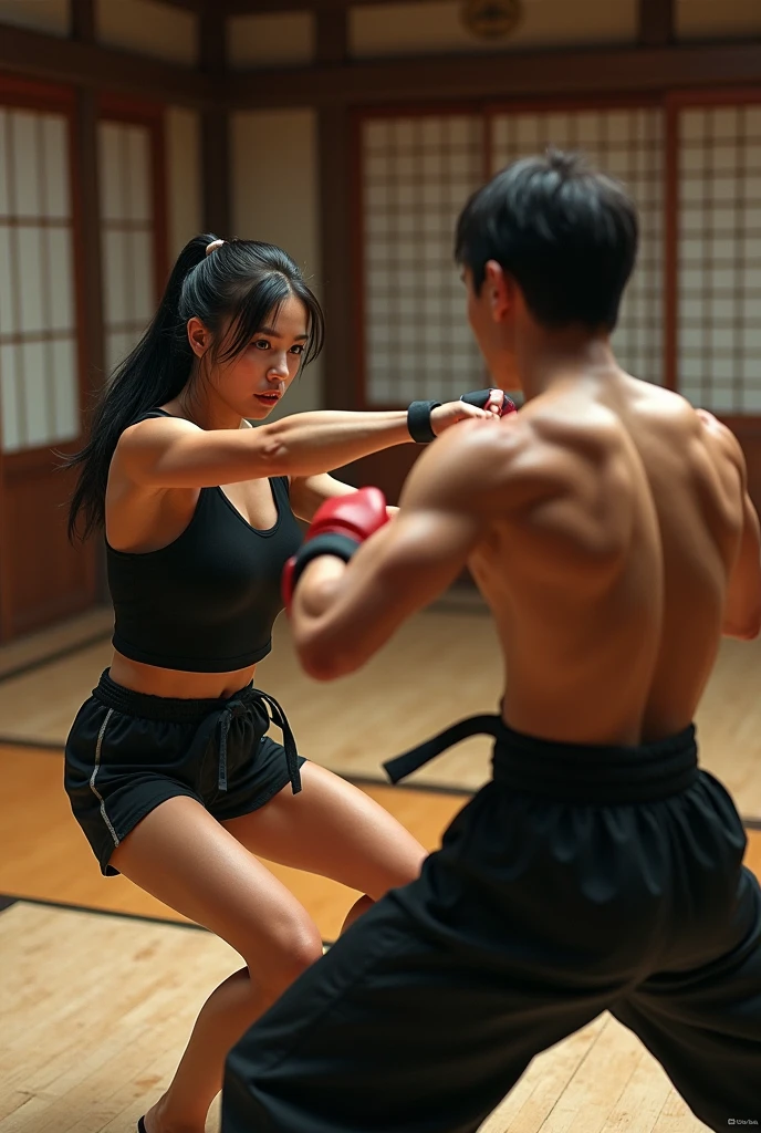 Two high school girl street fighters fighting in a back alley。She is cornered against the wall and suffering.。Her body is being punched hard by her opponent.。Her body and face are covered in bruises、Bloody。Muscular body。Six Pack Abs。Short black hair。shortness of breath。Drooling from the mouth。One eye closed。Exhausted。Drenched in sweat。Erect nipples。Denim shorts。Sports Bra。Open Finger Gloves。