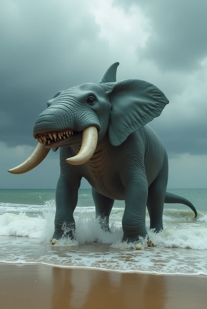 male furry elephant with huge penis, full body, standing on a deserted beach