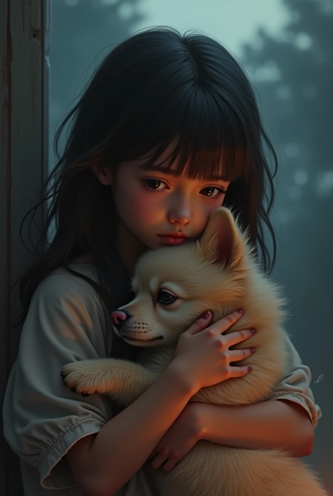 Little girl smiling next to wolf cub --auto