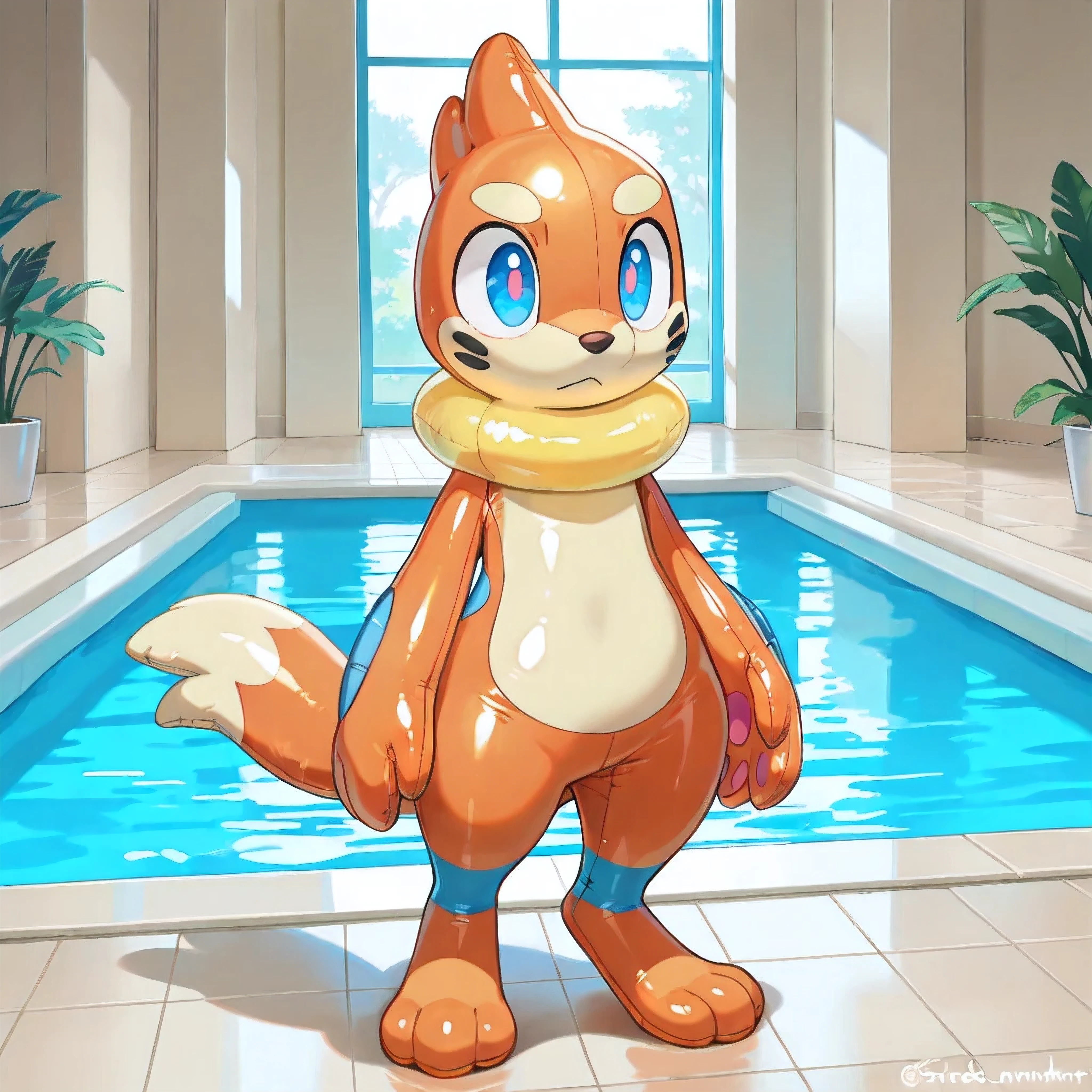 [Style Test*] [Inflatable buizel🎈] - masterpiece, masterful, mythic, mythical, best quality, high quality, beautiful, anime, standing, pokemon, creature, solo, living inflatable buizel, semi_chibi, slender, pokemon, indoor pool background, 