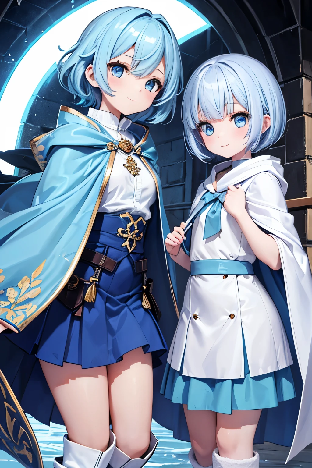 2girls, one girls, (((light blue hair))), short hair, pixie cut, (wavy hair), light blue eyes, small breasts, (((light blue short Muffler cloak))), (white shirt), (white skirt), (blue and white boots), two girls, (((light blue hair))), short hair, pixie cut, (wavy hair), light blue eyes, light smile, small breasts, (((blue Fantasy Cloak))), (((light blue shirt))), (((light blue skirt))), (blue and white boots)