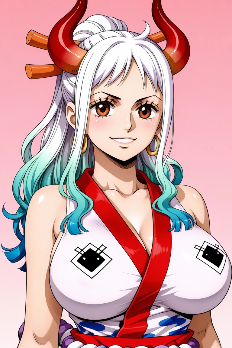 (masterpiece, best quality, high , 8k:1.2),anime,Yamato, White hair, Earrings, 1 girl, Smiling,Colorful hair, cowboy shot, Solo, Horns, Green hair, Long hair, Jewelry, Large breasts, (dress, cleavage, earrings, smile, venue:1.2)