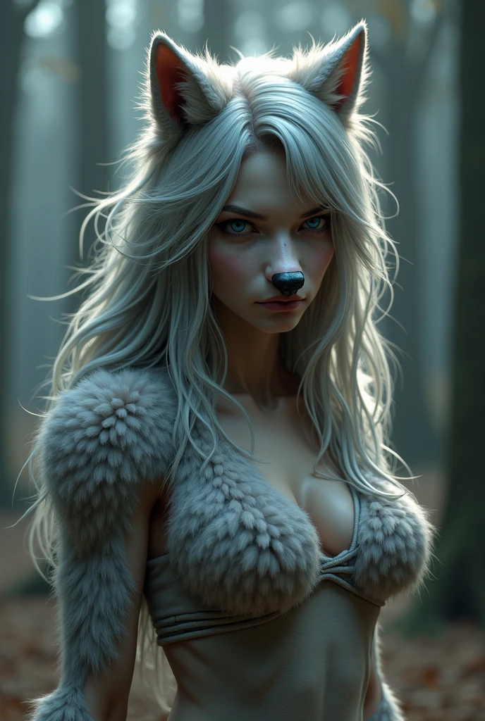 Frau ist Werwolf, body of a young woman, medium round , slender body (hohe Details), Body is covered by fur, helles Fell, Wolfgesicht, lange Haare, tolles Licht,