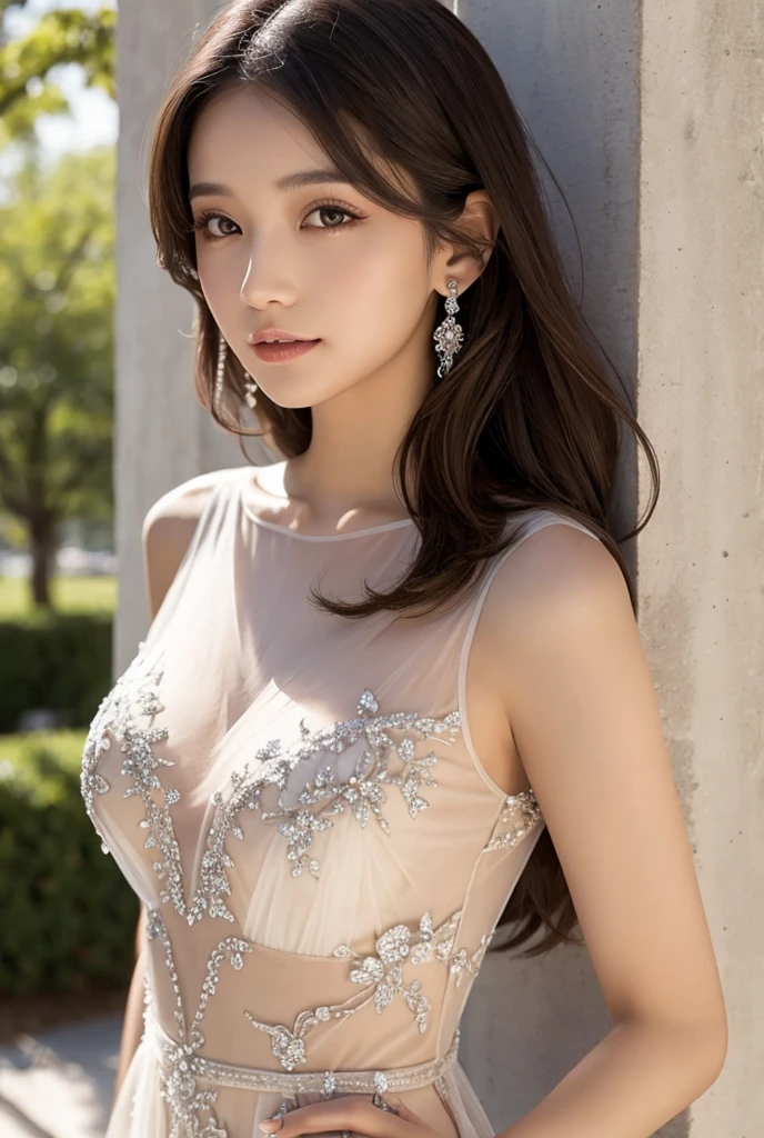 realism: 1.3, masterpiece, best quality, high resolution, detail: 1.2, 1 girl, Hairpin, Pretty Face, Exquisite eyes, Tassel Earrings, necklace, Ribbon, elegant standing posture, aesthetics, light, Ray Tracing, Depth of Field, Layering, Flutter, Chiffon dress, whole body, Pantyhose, outdoor