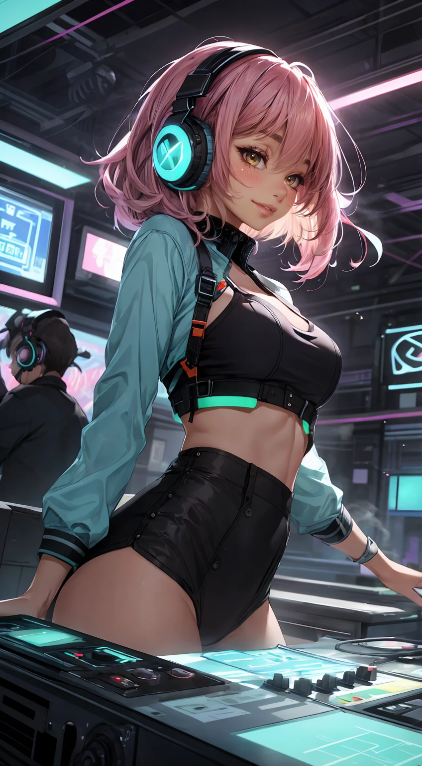 tmasterpiece、detallados、Tacto delicado、Perssonage Cyber Punk、2080s、Anime Big Breast、Chica vs、Tendencias en Artstationh、Blunt bangs, back shot, looking back, looking at the camera, low angle, Decisive pose, Double hair buns