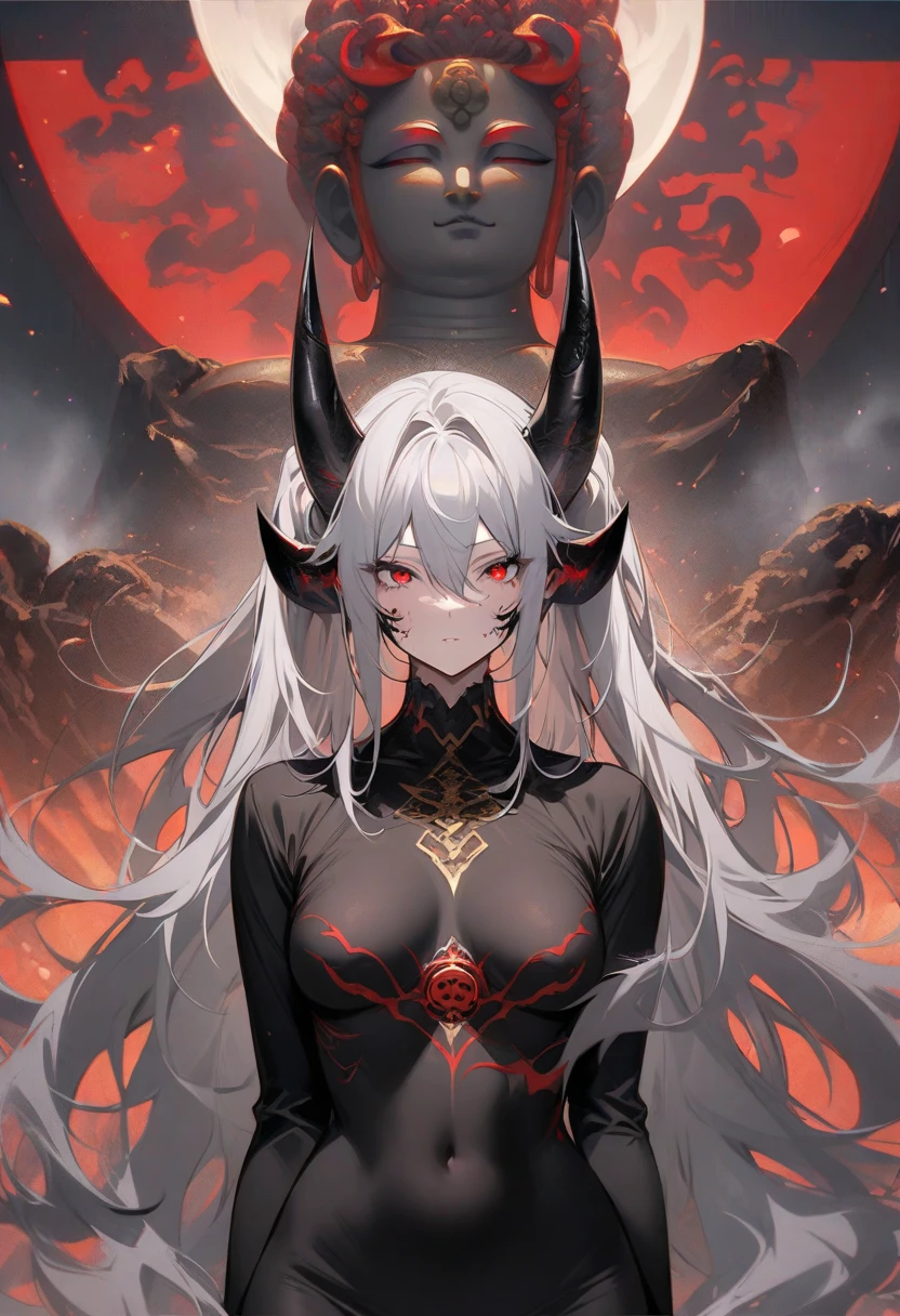 Female demon with horns green tattoos grey skin and perfect body