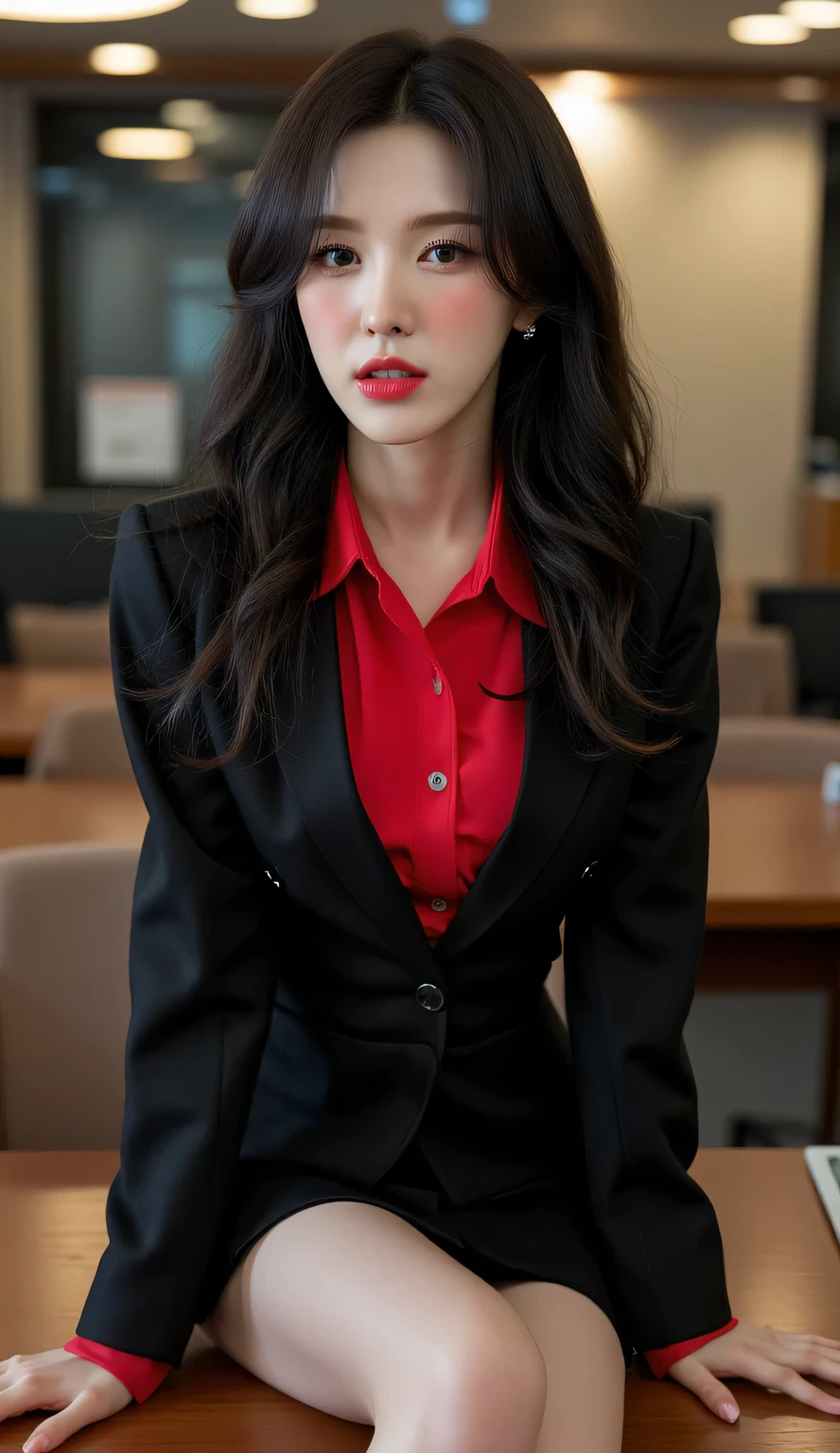 a woman, sitting on an office desk , shirt looks full body, body facing front, use a black formal suit with a red formal shirt, black tight formal skirt, big , red lips, seductive face, thick long black hair