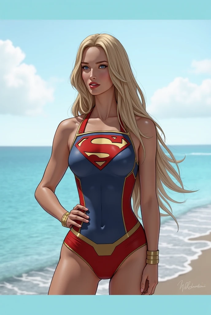 Mulher, cabelo loiro, na praia, vestida de calcinha e sutia, pose dinamica, olhos azuis, supergirl