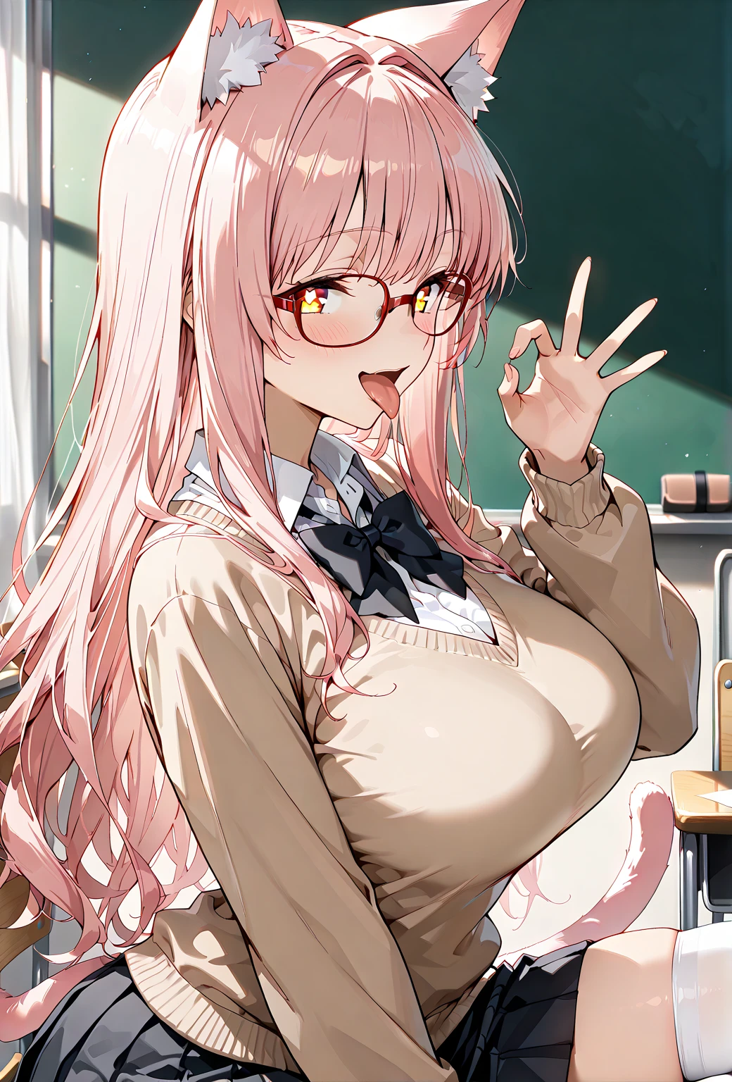 blush, cleavage,glowing aura, natural light, masterpiece, glossy skin, juicy lips ,long hair, cute, kawaii, adorable, reaching up, adult, cuddle, kawaii clothes,random hair style, random clothes,sexy, hot, , random expression, blonde hair, ((pink highlights in hair)), pink eyes, purple bunny ears, bonfie, therapist clothes, smirk, glasses, pigtails and braids, pencil skirt, white shirt, cleavage, bright pink eyes