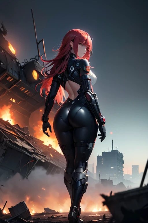((Best Quality)), ((Masterpiece)), (Very Detailed: 1.3), 3D, Icaru valkirie-mecha, Beautiful cyberpunk woman wearing crown with her red and blue mecha in ruins of a forgotten war city, long red hair, sci-fi technology, HDR (High Dynamic Range), ray tracing, nvidia RTX, super resolution, unreal 5, subsurface scattering, PBR texture, post-processing, anisotropic filtering, depth of field, maximum sharpness and sharpness, multi-layer texture, specular and albedo mapping, surface shading, statue of a perfect woman, Big breasts, light green eyes, pink high heels, open sky with sun, smiling, big ass, standing on his back looking back, show more ass, hands on ass, freckles on face, freckles on ass