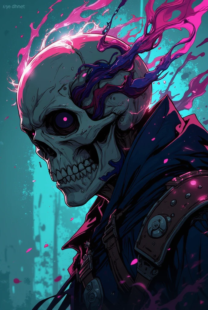 Cyberpunk punk skull in a background filled with darkness, neon red eyes highlighting its color above the others as if it were glowing brightly. Dark image background