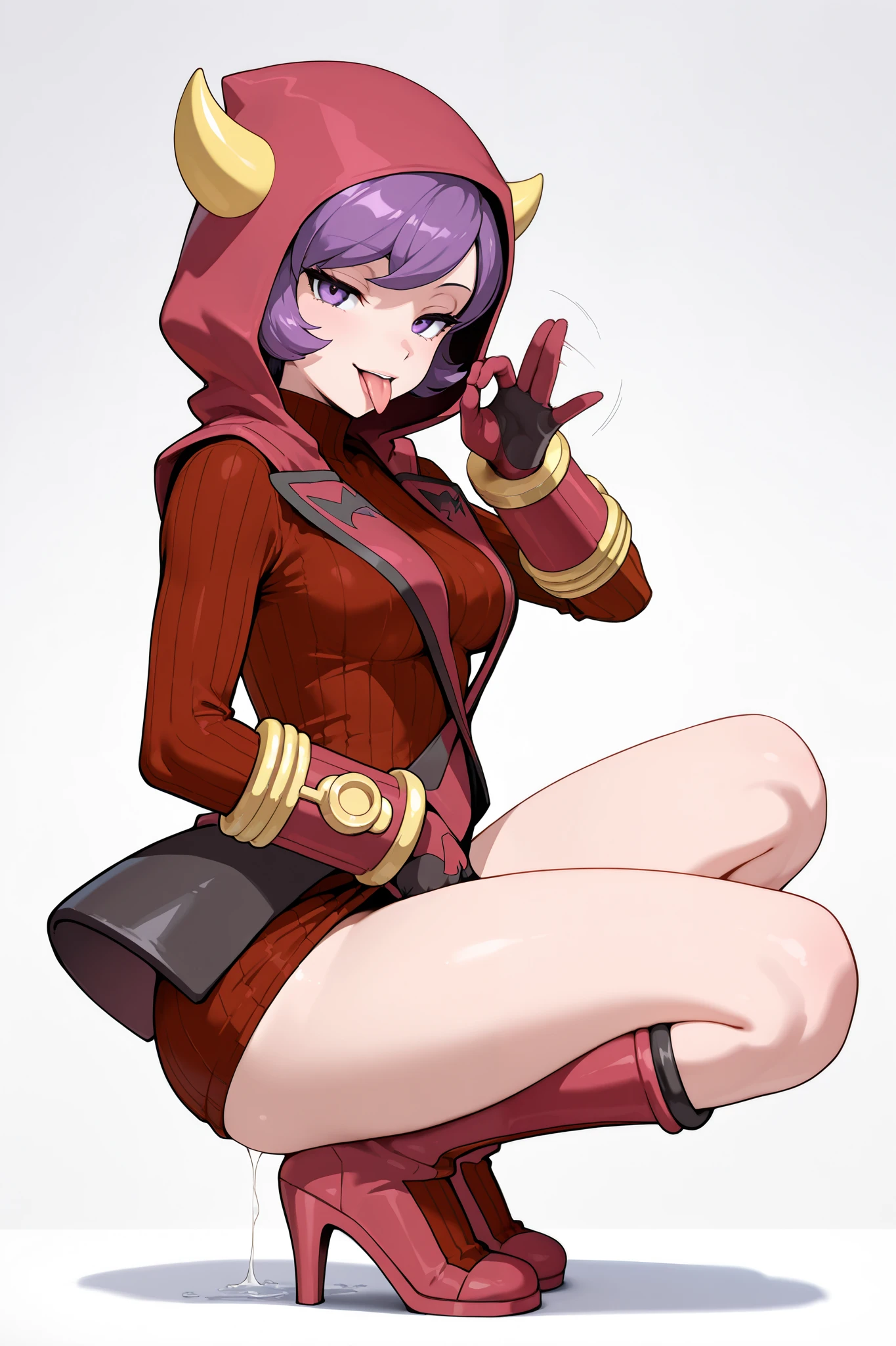 High quality , top quality , masterpiece, high res, detailed face , anatomically correct ,
1girl, courtney (pokemon), purple hair, bangs, eyelashes, purple eyes, short hair, medium breasts
hood, hood up, horned headwear, team magma uniform, ribbed sweater, fake horns, turtleneck dress, hoodie, gloves, knee boots, heels, red dress, boots,,,open vaginal,spread own pussy,seductive smile,squatting,open legs ,handjob gesture,stick tongue out,from side,looking at viewer
