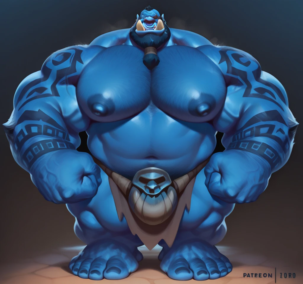by personalami, by honovy, by thebigslick, by taran fiddler, by pixelsketcher, male, solo, anthro (machoke), adult, photorealistic, hyperrealistic, ultradetailed, natural pose, (fat:1.4), ((standing)), ((white underwear, white thong)), (detailed eyes:1.2), (large chest:1.3), (nips:1.2), (bulge:1.2), front view, (grey background), belly, (chunky:1.2)