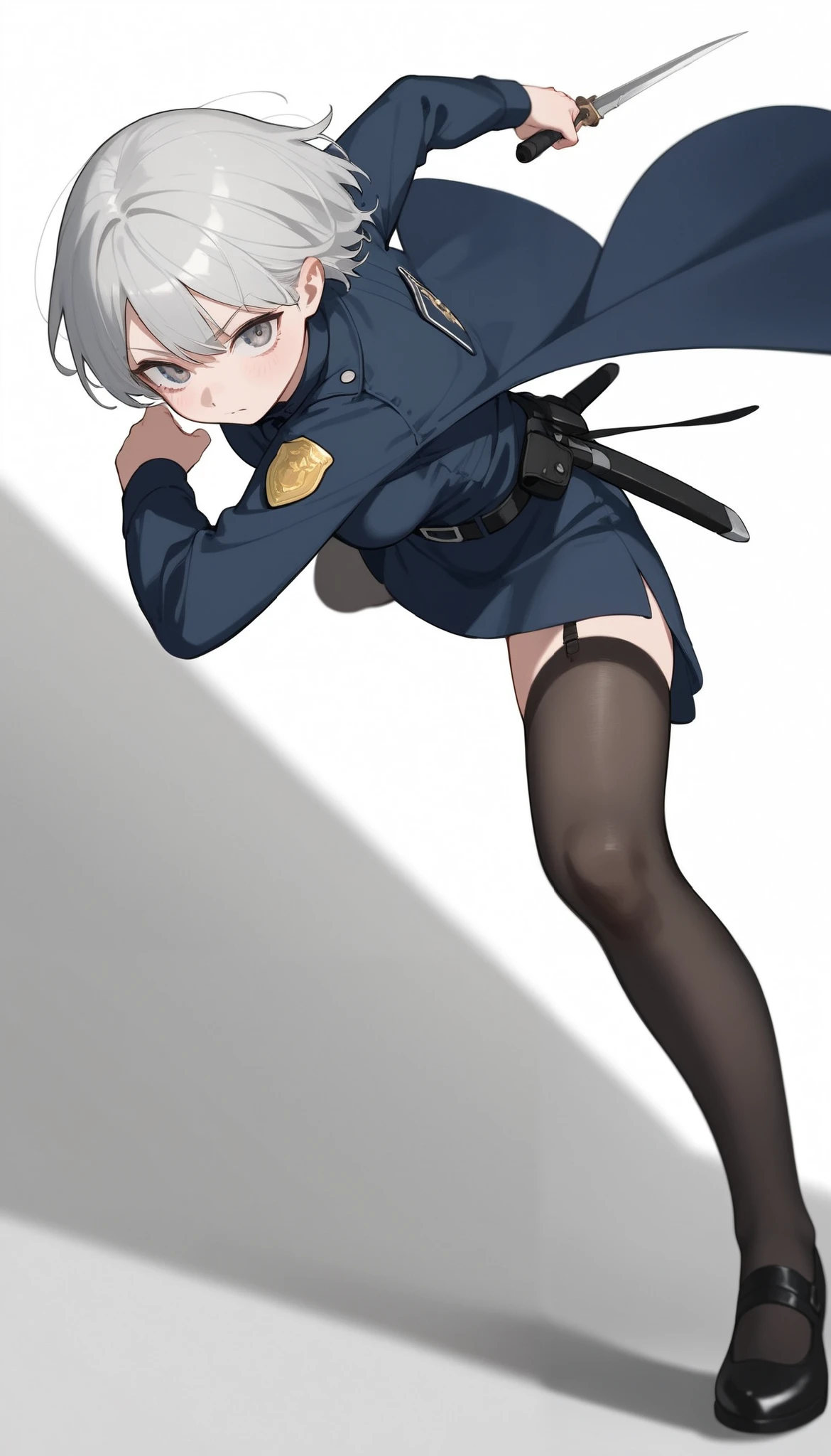 ((masterpiece)), (best quality), 1girl , Alone, simple background, temptation, delicate face, handheld dagger , Battle Pose , full body, silver short hair, long sideburn, Disdainful Eyes, Black Stockings, Damaged black police uniform, medium breasts, style: midjourney, white background, two-point perspective , Impact footage,motion blur,depth of field, closeup