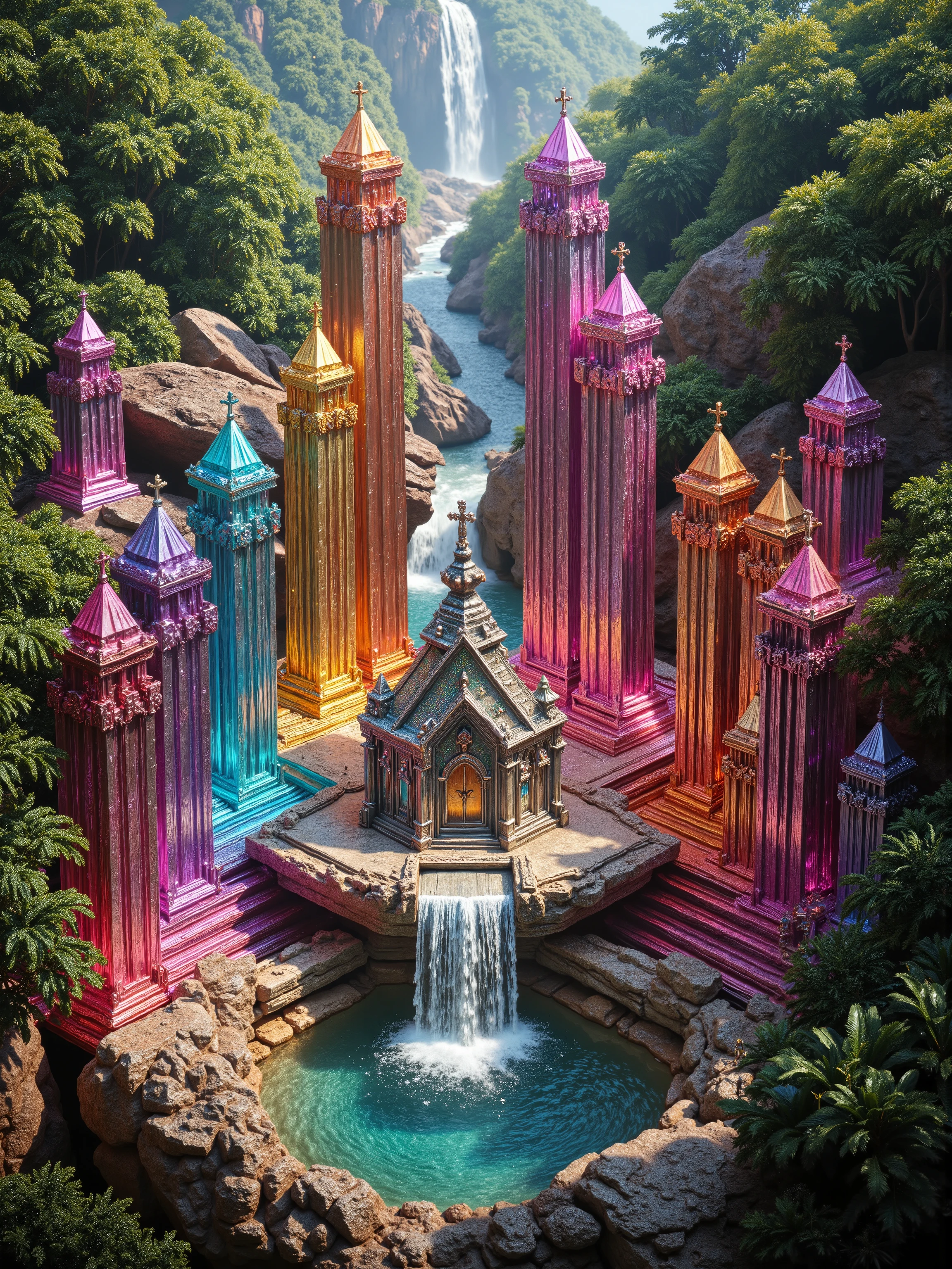 A cliff that is 300 feet tall made up of gigantic quartz crystal points that are multicolored translucent pillars in a tropical rainforest. In the middle of these skyscraper sized quartz crystals is an incredible gushing cascading waterfall that pours into a beautiful lagoon that is lined with smaller quartz crystals 20 to 40 feet tall. In the center up on rock is a church like structure with christian crosses that is made entirely out of quartz crystals. In hues of Pink, Red, Orange, Yellow, Green, Blue, and purple, there are hundreds of quartz crystal formations pointing up and making up the walls of the church, the roof, even the doors. Make sure that they are mostly translucent and radiate color in the bright full sunlight. There are thousands of giant quartz crystals in and on the cliffs, in the inside edges of the lagoon, and around the waterfall, and the church, just like a church built in the center of an incredible enormous geode. An incredibly complex and intricate translucent crystal church structure that incorporates a waterfall into the actual building made out of minerals and translucent crystals, and it is surrounded by crystals too. There are other animals and birds everywhere. Giant insects are all over the place, too. Prehistoric life in its natural form. A jungle with life in every direction. Breathtakingly beautiful, stunning, Awe Inspiring, An Awesome Site! If you get it right! 8K Octane, Action Painting, Cinematic, Cinematography, Conceptual Art, Digital Art, Fujicolor, Ultra-realistic Photorealistic, Portrait Photography, Surrealism, Unreal Engine, Sparkle on crystals, Cinematic Lighting, Glowing Light, Reflection Light, Ray Tracing, God Rays, Perspective: up close, macro photography, UHD, Super Detailed, Best Quality, Award Winning, Masterpiece.