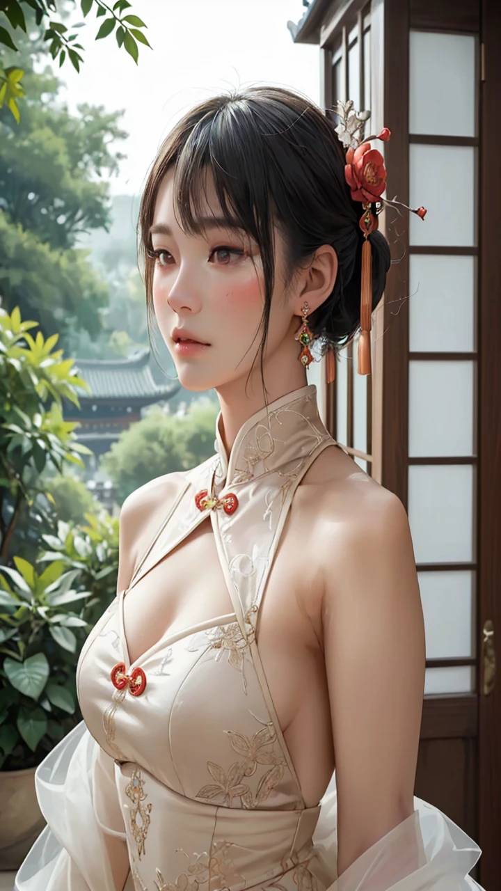 That girl has a very cute face、２０years old、Amazing face and eyes、Highly detailed eyes、Highly detailed face、(((Wearing a sexy ao dai、Extremely erotic、amazingly small breasts、Wide open chest、Sheer are visible)))、a short bob、top-quality、masuter piece:1.3、hight resolution、ultra-detailliert、８ｋ、Cinematic lighting、Professional Photographer、