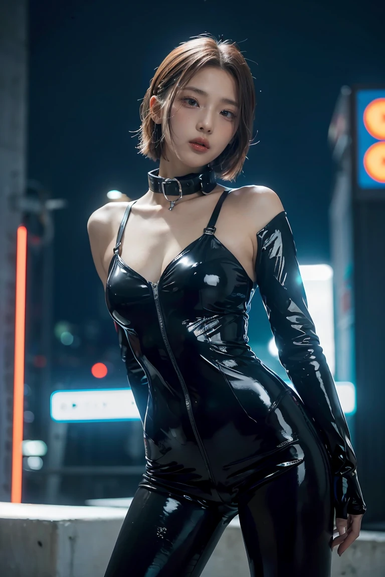 highest quality、8k Masterpiece、超A high resolution、(Photorealistic:1.3)、RAW Photos、1 girl、Long black hair、Glowing Skin、1. Super-beautiful Cyberpunk Soldiers、((Ultra-Realistic Details))、Portrait、Global Illumination、Shadow、Octane Rendering、8k、Super sharp、Beautiful breastetal、Cold colors、、Very intricate details、Realistic Light、CGSoation Trend、Beautiful Eyes、Shining Eyes、To the camera、Neon Details、20age、Too beautiful face、intellectual、Elegance、Rin、Interested々Expression、Futuristic cabaret dress、whole body、Healthy Body、The background is the red-light district at night、love、short hair、I can see her thighs、Charm、Overbearing、Being collared、Pearl Necklace、