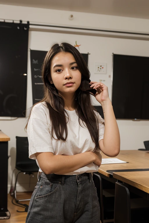 Maya in an art classroom, surrounded by students. Show her painting late into the night, her face illuminated by the soft glow of a desk lamp.