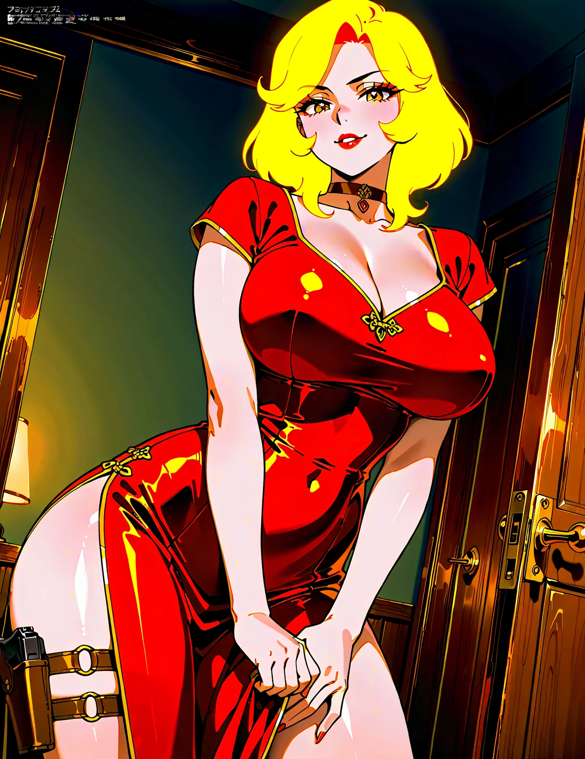 (dark shot:1.4), 80mm, (dark theme:0.6), holwod, 1girl, solo, looking at viewer, smile, short hair, blue eyes, blonde hair, cleavage, bare shoulders, medium breasts, upper body, choker, makeup, retro artstyle, 1980s (style) smirk solo stakes_of_purgatory sunlight table thighhighs uniform wall white_shirt window wing_collar wooden_floor, (hdr:1.22), muted colors, complex background, hyperdetailed, art [[by jordan grimmer]], soft light, sharp, exposure blend, medium shot, bokeh, (hdr:1.4), high contrast, (cinematic, teal and orange:0.85), (muted colors, dim colors, soothing tones:1.3), low saturation, (hyperdetailed:1.2), (noir:0.4)