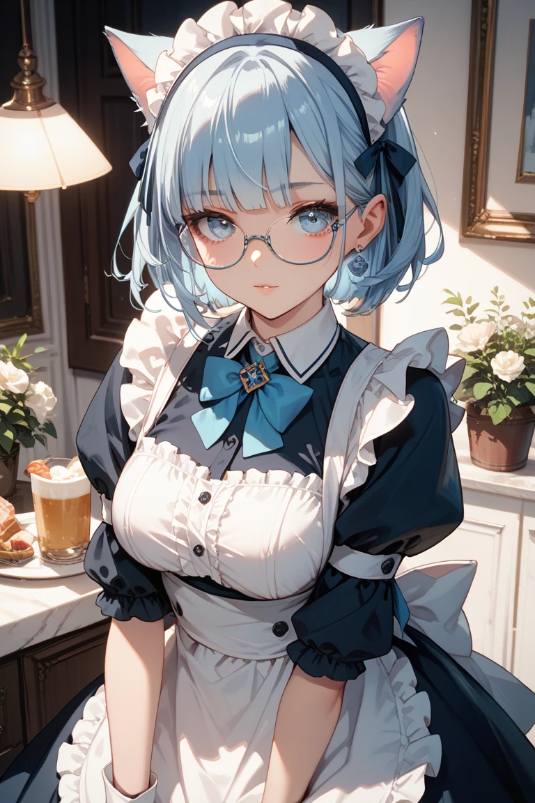 score_9, score_8_up, score_7_up, source_anime, 1girl, blue hair, medium hair, one curl, forehead, blue eyes, cat ears, flat chest, eyeglasses, micro bikini maid, headdress, blouse, skirt, apron, areola, private room, mansion,