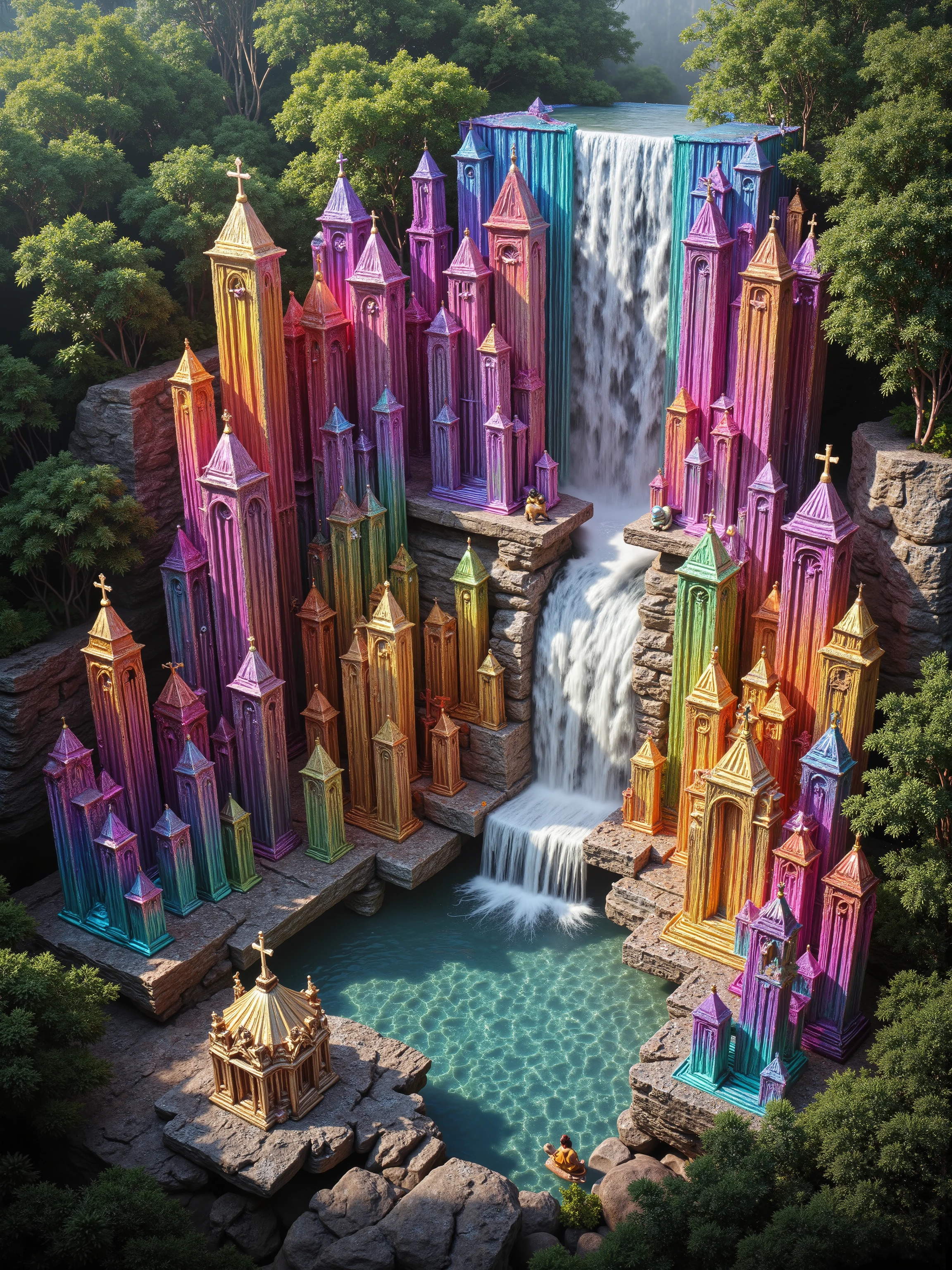 A cliff that is 300 feet tall made up of gigantic quartz crystal points that are multicolored translucent pillars in a tropical rainforest. In the middle of these skyscraper sized quartz crystals is an incredible gushing cascading waterfall that pours into a beautiful lagoon that is lined with smaller quartz crystals 20 to 40 feet tall. In the center up on rock is a church like structure with christian crosses that is made entirely out of quartz crystals. In hues of Pink, Red, Orange, Yellow, Green, Blue, and purple, there are hundreds of quartz crystal formations pointing up and making up the walls of the church, the roof, even the doors. Make sure that they are mostly translucent and radiate color in the bright full sunlight. There are thousands of giant quartz crystals in and on the cliffs, in the inside edges of the lagoon, and around the waterfall, and the church, just like a church built in the center of an incredible enormous geode. An incredibly complex and intricate translucent crystal church structure that incorporates a waterfall into the actual building made out of minerals and translucent crystals, and it is surrounded by crystals too. There are other animals and birds everywhere. Giant insects are all over the place, too. Prehistoric life in its natural form. A jungle with life in every direction. Breathtakingly beautiful, stunning, Awe Inspiring, An Awesome Site! If you get it right! 8K Octane, Action Painting, Cinematic, Cinematography, Conceptual Art, Digital Art, Fujicolor, Ultra-realistic Photorealistic, Portrait Photography, Surrealism, Unreal Engine, Sparkle on crystals, Cinematic Lighting, Glowing Light, Reflection Light, Ray Tracing, God Rays, Perspective: up close, macro photography, UHD, Super Detailed, Best Quality, Award Winning, Masterpiece.