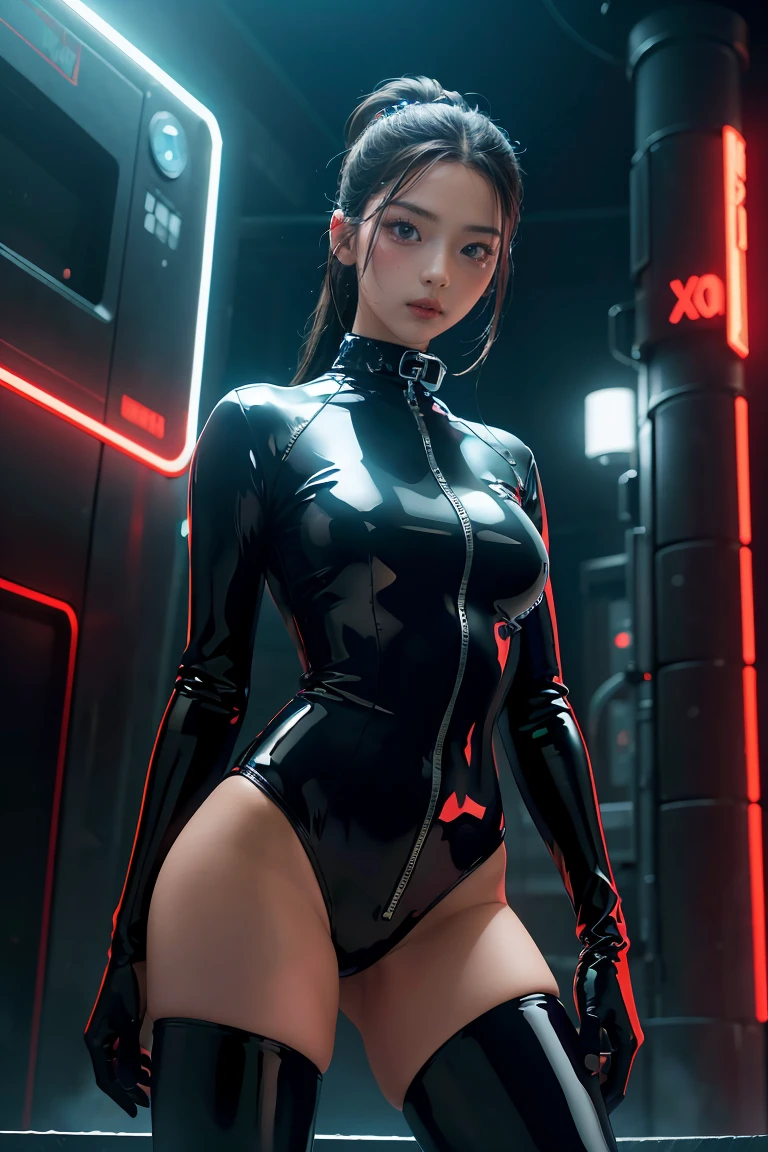 high image, super detail, high resolution, anime, manga, illustration, intelligent beauty, baby face, make up, ecstatic expression, amorous expression, seductive look, flowing layered messy black glossy medium short wavy hair, sparkling black big eyes, alluring moist red lips, large breasts, under boob, side boob, great proportion, perfect proportion, slender, full body, black glossy rubber body suit, background fantasy, galaxy, magic circle, kaleidoscope, give off rainbow and gold neon light many lines radially from floor and ceiling, cyber punk