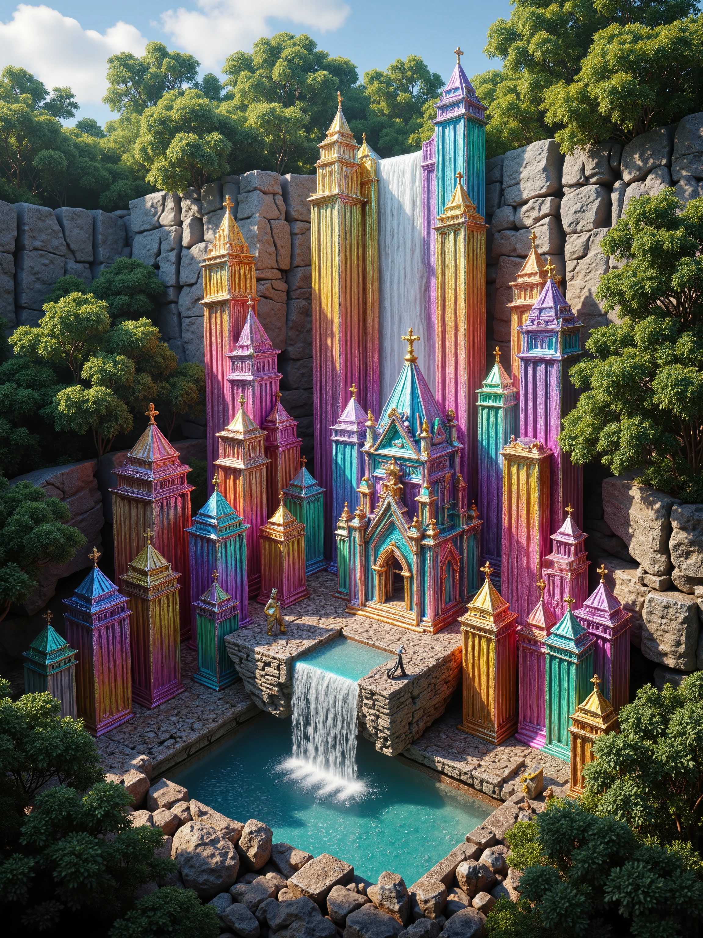 A cliff that is 300 feet tall made up of gigantic quartz crystal points that are multicolored translucent pillars in a tropical rainforest. In the middle of these skyscraper sized quartz crystals is an incredible gushing cascading waterfall that pours into a beautiful lagoon that is lined with smaller quartz crystals 20 to 40 feet tall. In the center up on rock is a church like structure with christian crosses that is made entirely out of quartz crystals. In hues of Pink, Red, Orange, Yellow, Green, Blue, and purple, there are hundreds of quartz crystal formations pointing up and making up the walls of the church, the roof, even the doors. Make sure that they are mostly translucent and radiate color in the bright full sunlight. There are thousands of giant quartz crystals in and on the cliffs, in the inside edges of the lagoon, and around the waterfall, and the church, just like a church built in the center of an incredible enormous geode. An incredibly complex and intricate translucent crystal church structure that incorporates a waterfall into the actual building made out of minerals and translucent crystals, and it is surrounded by crystals too. There are other animals and birds everywhere. Giant insects are all over the place, too. Prehistoric life in its natural form. A jungle with life in every direction. Breathtakingly beautiful, stunning, Awe Inspiring, An Awesome Site! If you get it right! 8K Octane, Action Painting, Cinematic, Cinematography, Conceptual Art, Digital Art, Fujicolor, Ultra-realistic Photorealistic, Portrait Photography, Surrealism, Unreal Engine, Sparkle on crystals, Cinematic Lighting, Glowing Light, Reflection Light, Ray Tracing, God Rays, Perspective: up close, macro photography, UHD, Super Detailed, Best Quality, Award Winning, Masterpiece.