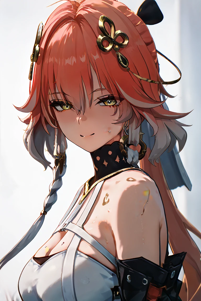 Maki Nishikino,Love living,high resolution,Red hair , purples eyes,blush ,breastsout ,criss-cross halter ,hair between the eyes ,half-closed eyes , he finished,tilt your head,looking ahead at viewer , white bikini , cute panther, yellow bow ,standing,white background , abaixo dos breastsout, ssmile