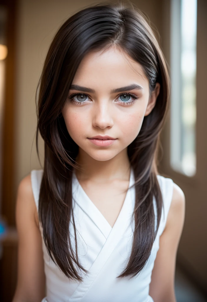 10-year-old Russian girl, small and delicate body, long black hair and green eyes、Natural skin texture, Hyper-realism, dreamy girl