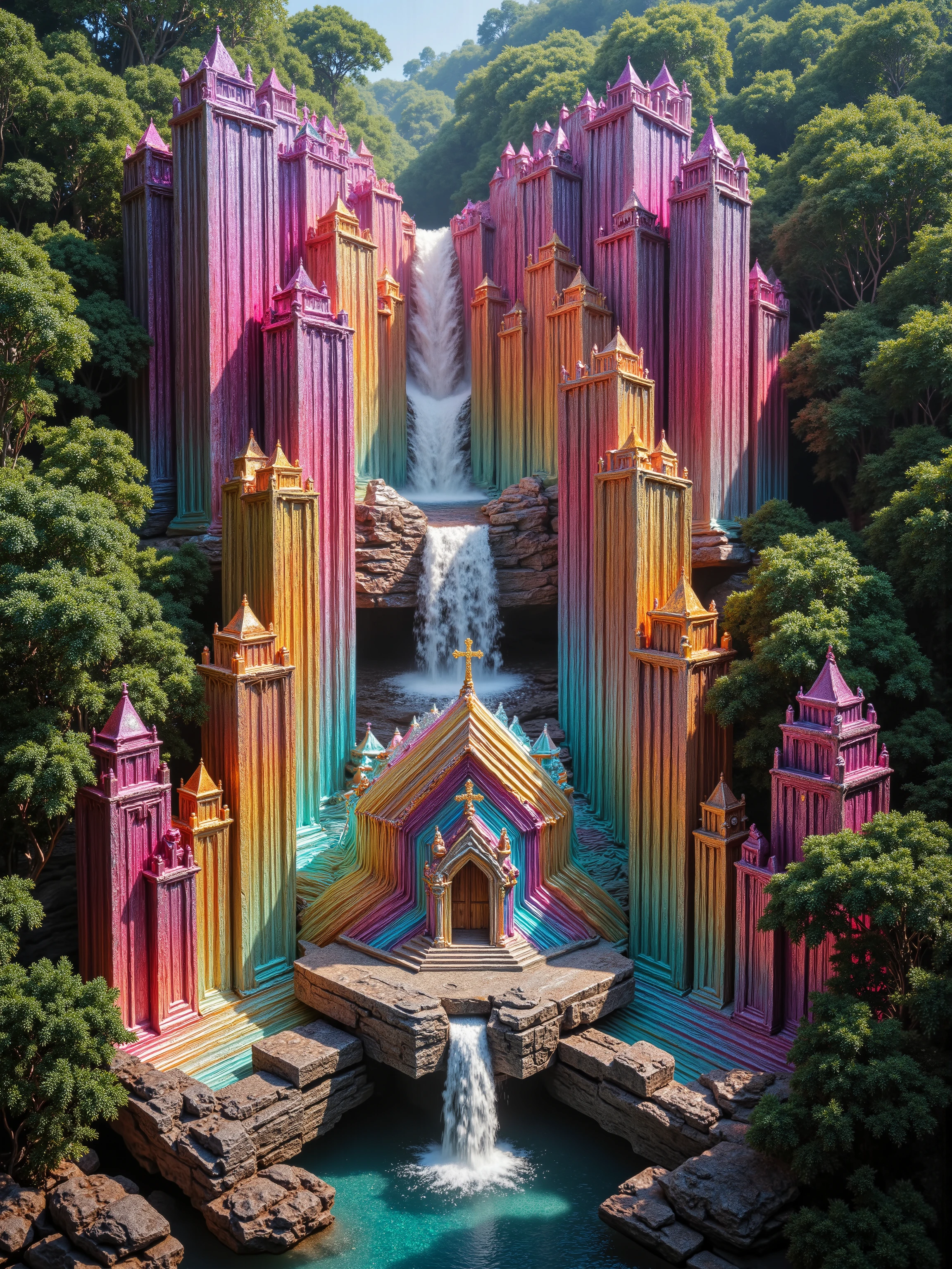 A cliff that is 300 feet tall made up of gigantic quartz crystal points that are multicolored translucent pillars in a tropical rainforest. In the middle of these skyscraper sized quartz crystals is an incredible gushing cascading waterfall that pours into a beautiful lagoon that is lined with smaller quartz crystals 20 to 40 feet tall. In the center up on rock is a church like structure with christian crosses that is made entirely out of quartz crystals. In hues of Pink, Red, Orange, Yellow, Green, Blue, and purple, there are hundreds of quartz crystal formations pointing up and making up the walls of the church, the roof, even the doors. Make sure that they are mostly translucent and radiate color in the bright full sunlight. There are thousands of giant quartz crystals in and on the cliffs, in the inside edges of the lagoon, and around the waterfall, and the church, just like a church built in the center of an incredible enormous geode. An incredibly complex and intricate translucent crystal church structure that incorporates a waterfall into the actual building made out of minerals and translucent crystals, and it is surrounded by crystals too. There are other animals and birds everywhere. Giant insects are all over the place, too. Prehistoric life in its natural form. A jungle with life in every direction. Breathtakingly beautiful, stunning, Awe Inspiring, An Awesome Site! If you get it right! 8K Octane, Action Painting, Cinematic, Cinematography, Conceptual Art, Digital Art, Fujicolor, Ultra-realistic Photorealistic, Portrait Photography, Surrealism, Unreal Engine, Sparkle on crystals, Cinematic Lighting, Glowing Light, Reflection Light, Ray Tracing, God Rays, Perspective: up close, macro photography, UHD, Super Detailed, Best Quality, Award Winning, Masterpiece.
