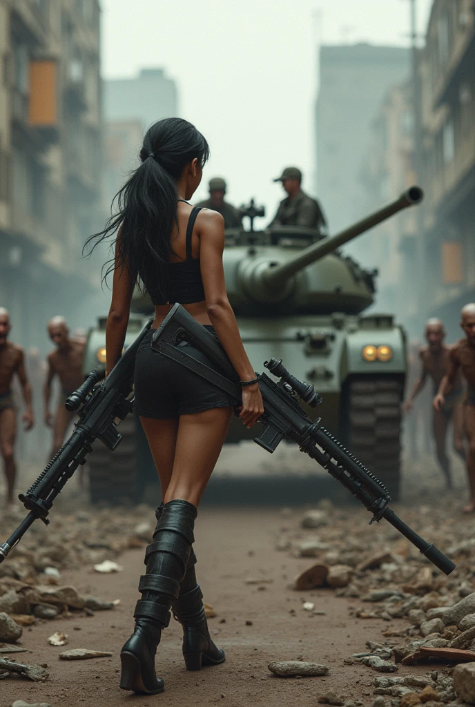 Four beautiful curvy women are cleaning a huge worn-out military tank covered in blood stains. They are scattered around the machine: A woman is lying on top of the tank, Another is leaning forward cleaning one of the stains, while two more stand on the sides, working with sponges and buckets of water. The women wear combat boots and display different skin tones and hair styles., while one of them is wearing a leather jacket and a military cap, sitting casually on top of the tank watching the others. The tank has the name &#39;Rosie&#39; written on its side, and the scene has a sunny background with fluffy clouds and a bus stop sign in the background, adding a surreal and provocative tone to the scene