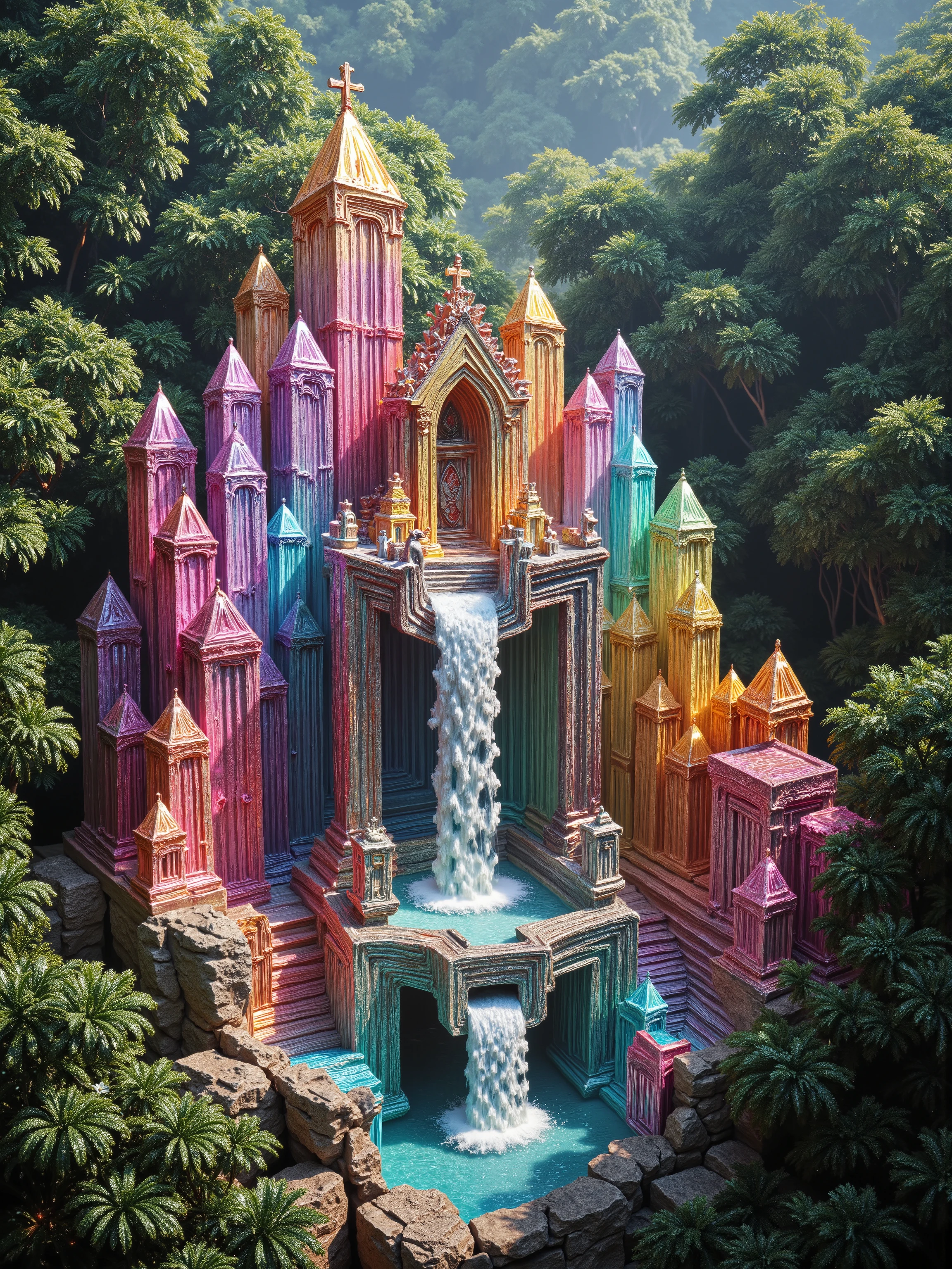 A cliff that is 300 feet tall made up of gigantic quartz crystal points that are multicolored translucent pillars in a tropical rainforest. In the middle of these skyscraper sized quartz crystals is an incredible gushing cascading waterfall that pours into a beautiful lagoon that is lined with smaller quartz crystals 20 to 40 feet tall. In the center up on rock is a church like structure with christian crosses that is made entirely out of quartz crystals.  In hues of Pink, Red, Orange, Yellow, Green, Blue, and purple, there are hundreds of quartz crystal formations pointing up and making up the walls of the church, the roof, even the doors.  Make sure that they are mostly translucent and radiate color in the bright full sunlight.  There are thousands of giant quartz crystals in and on the cliffs, in the inside edges of the lagoon, and around the waterfall, and the church, just like a church built in the center of an incredible enormous geode. An incredibly complex and intricate translucent crystal church structure that incorporates a waterfall into the actual building made out of minerals and translucent crystals, and it is surrounded by crystals too. There are other animals and birds everywhere. Giant insects are all over the place, too. Prehistoric life in its natural form. A jungle with life in every direction. Breathtakingly beautiful, stunning, Awe Inspiring, An Awesome Site! If you get it right!  8K Octane, Action Painting, Cinematic, Cinematography, Conceptual Art, Digital Art, Fujicolor, Ultra-realistic Photorealistic, Portrait Photography, Surrealism, Unreal Engine, Sparkle on crystals, Cinematic Lighting, Glowing Light, Reflection Light, Ray Tracing, God Rays, Perspective: up close, macro photography, UHD, Super Detailed, Best Quality,  Award Winning, Masterpiece. 