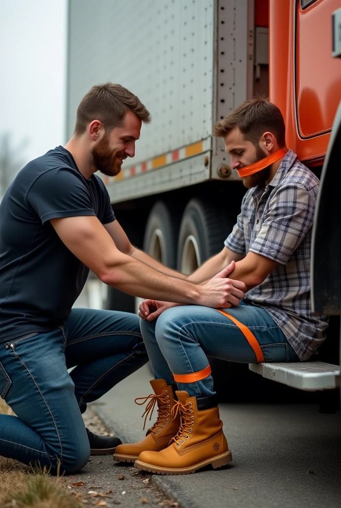 (Absurdres, intricate details, masterpiece, best quality, high resolution, 8k), (a group of mature men, multiple men, multiple penises, cumshot, excessive cum, horny, angry smile, blush), ((two men, duo, 2men, 2 mature men, scruffy hair, arm around shoulder, kissing, looking at each other)), (construction worker clothes, bottomless, safety helmet), sideburn, stubble, goatee, short beard, intricate detail, detailed face, manly, square face, thin face, volumetric lighting, day, sunny, sweat, sweaty, construction site, outdoors, workers at distance, male masturbation, (handjob:1.2), from below, sitting , closeup