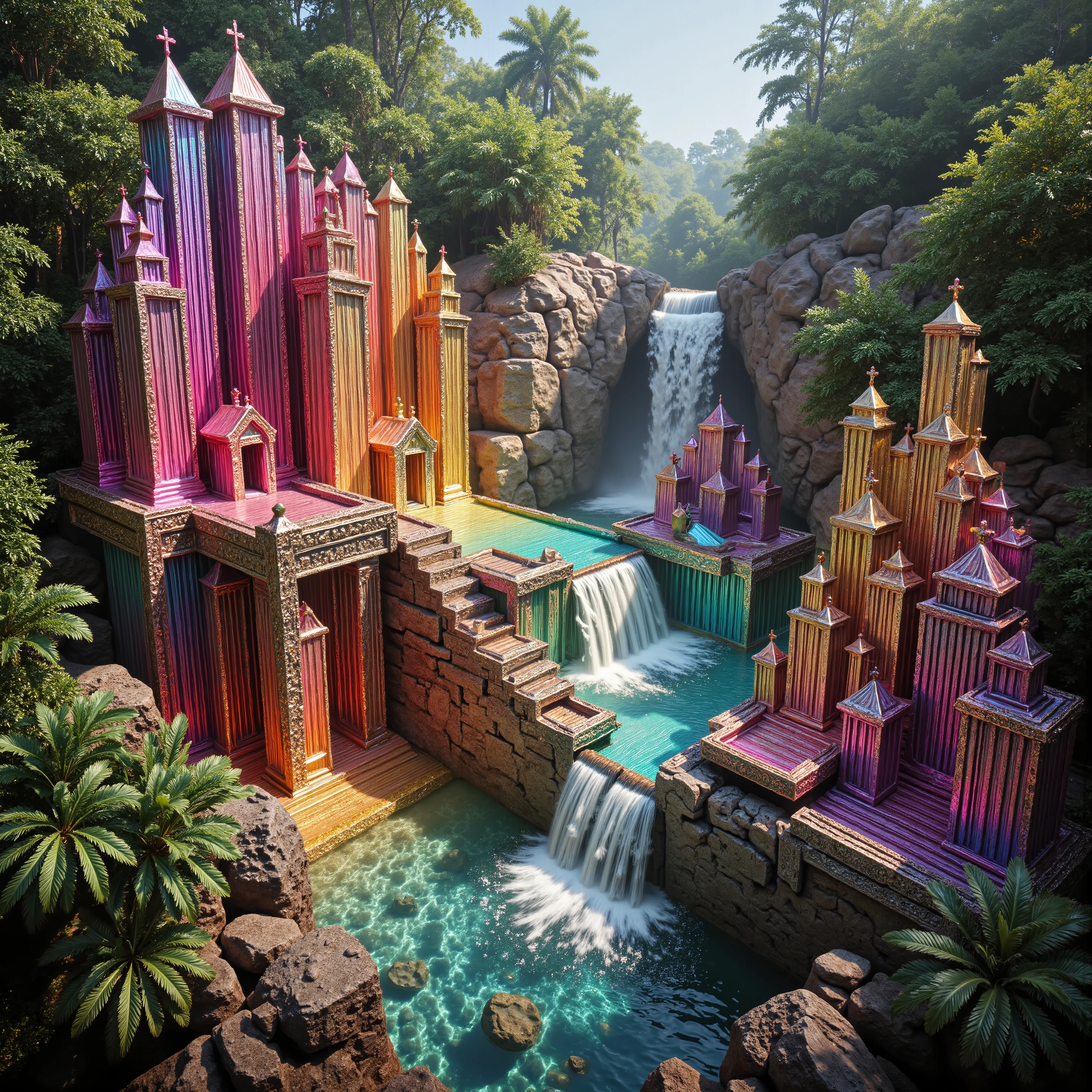 A cliff that is 300 feet tall made up of gigantic quartz crystal points that are multicolored translucent pillars in a tropical rainforest. In the middle of these skyscraper sized quartz crystals is an incredible gushing cascading waterfall that pours into a beautiful lagoon that is lined with smaller quartz crystals 20 to 40 feet tall. In the center up on rock is a church like structure with christian crosses that is made entirely out of quartz crystals. In hues of Pink, Red, Orange, Yellow, Green, Blue, and purple, there are hundreds of quartz crystal formations pointing up and making up the walls of the church, the roof, even the doors. Make sure that they are mostly translucent and radiate color in the bright full sunlight. There are thousands of giant quartz crystals in and on the cliffs, in the inside edges of the lagoon, and around the waterfall, and the church, just like a church built in the center of an incredible enormous geode. An incredibly complex and intricate church structure that incorporates a waterfall into the actual building made out of minerals and translucent crystals, and it is surrounded by There are other animals and birds everywhere Giant insects are all over the place, too. Prehistoric life in its natural form. A jungle with life in every direction. Breathtakingly beautiful, stunning, Awe Inspiring, An Awesome Site! If you get it right! 8K Octane, Action Painting, Cinematic, Cinematography, Conceptual Art, Digital Art, Fujicolor, Ultra-realistic Photorealistic, Portrait Photography, Surrealism, Unreal Engine, Sparkle on crystals, Cinematic Lighting, Glowing Light, Reflection Light, Ray Tracing, God Rays, Perspective: up close, macro photography, UHD, Super Detailed, Best Quality, Award Winning, Masterpiece.