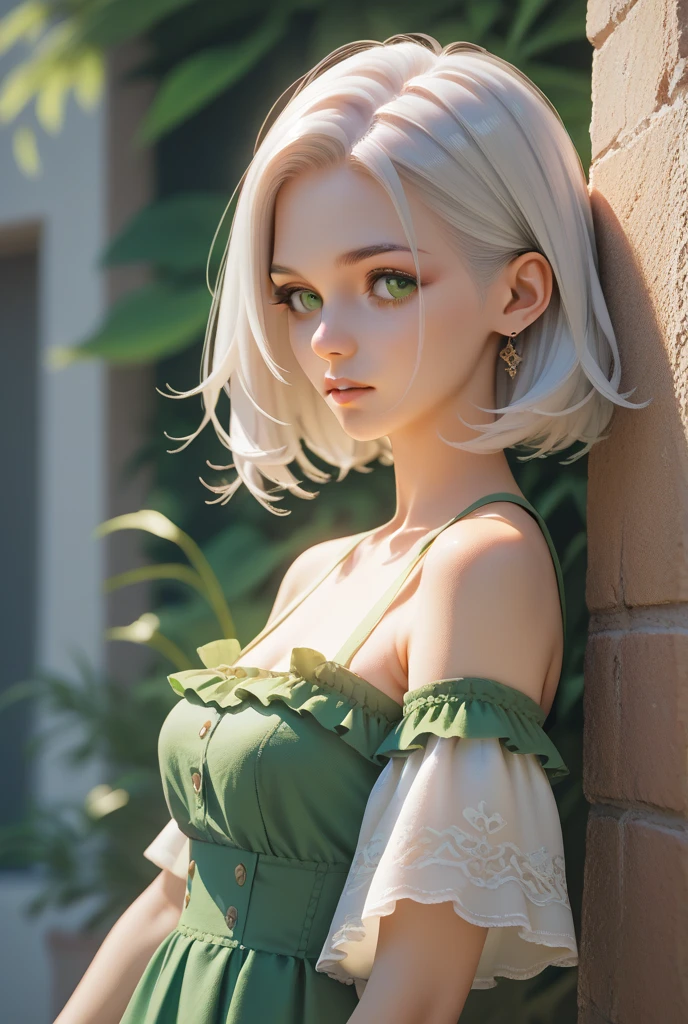 Beautiful white hair woman is shown to have a tiny figure. She is wearing a  beautiful detailed printed summer sleeveless spaghetti strap dress, jewelry, she has green eyes, elf ears, twin tails, Girl standing outside in a field, sexy session, poseing,exposed cleavage, cowboy shot, superior quality, many details, realistic
