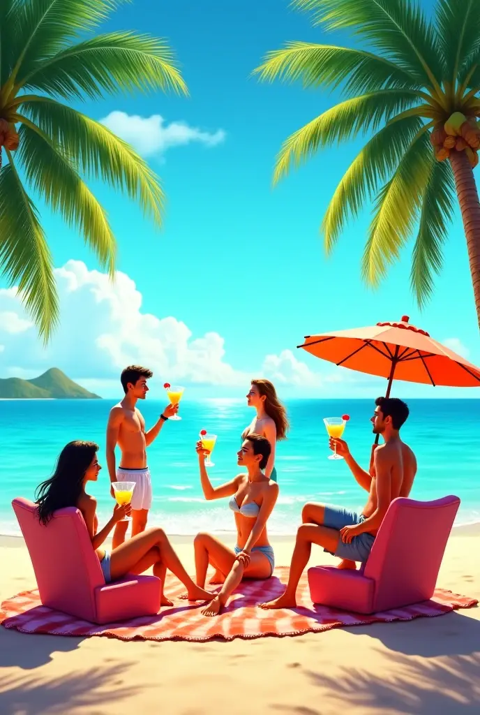 Friends partying on Caribbean beach during sunset with drinks