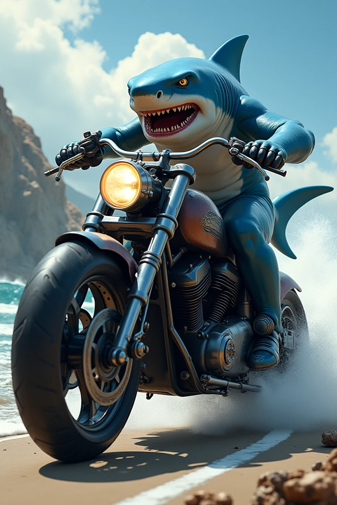 Shark Ridinga Motorcycle Shark ride a big bike - SeaArt AI