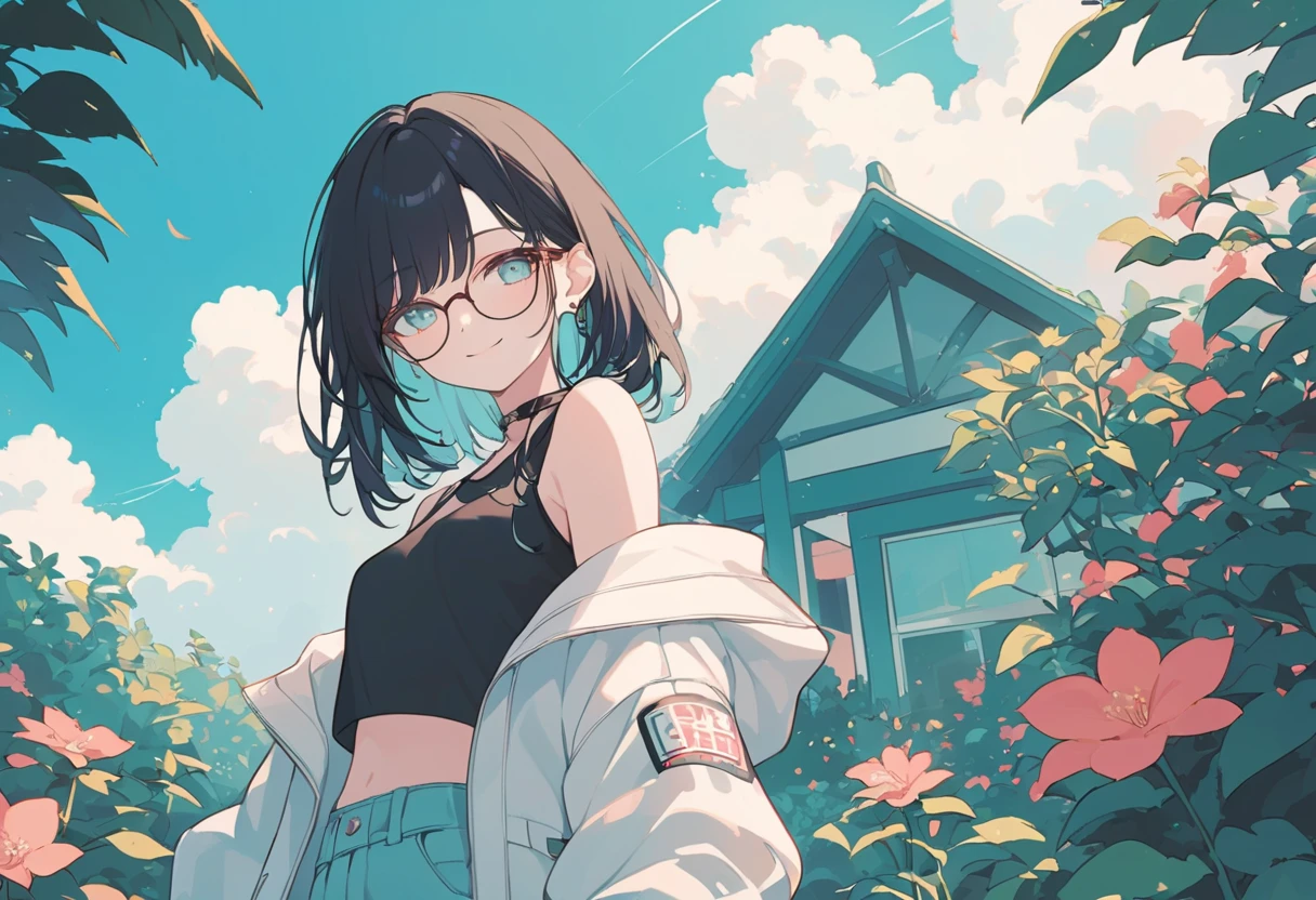 off shoulder, Alone, high brightness, one girl, black hair, dynamic angle, high quality, hip-hop style, small breasts, glasses, A soft smile, garden, flat color