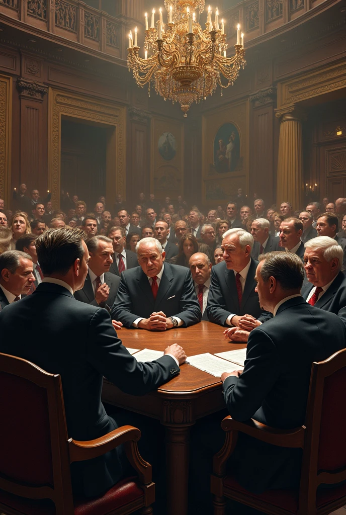 "The signing of the Treaty of Versailles, 1918, world leaders in formal attire, in a grand hall in Paris, signing documents at a large table, expressions of tension and resolve, opulent furnishings and historic architecture in the background, hyper-realistic, photo realism, cinematography -- ar 9:16"